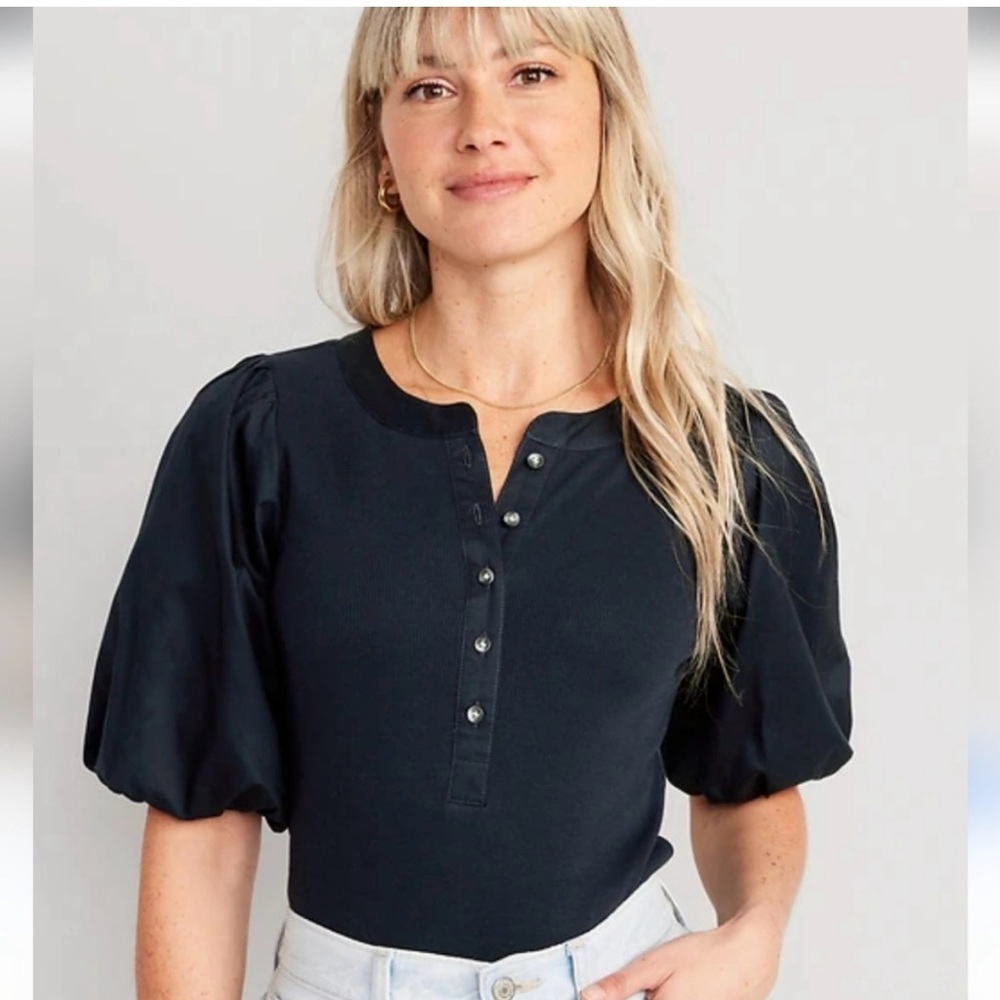 Navy Elegant Puff Sleeve Top Ribbed Henley